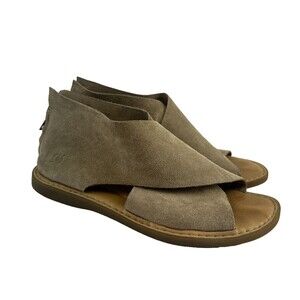 Born Iwa Sandals Taupe Tan Suede Back Zip Flat Criss Cross Ankle F78017 Womens 8